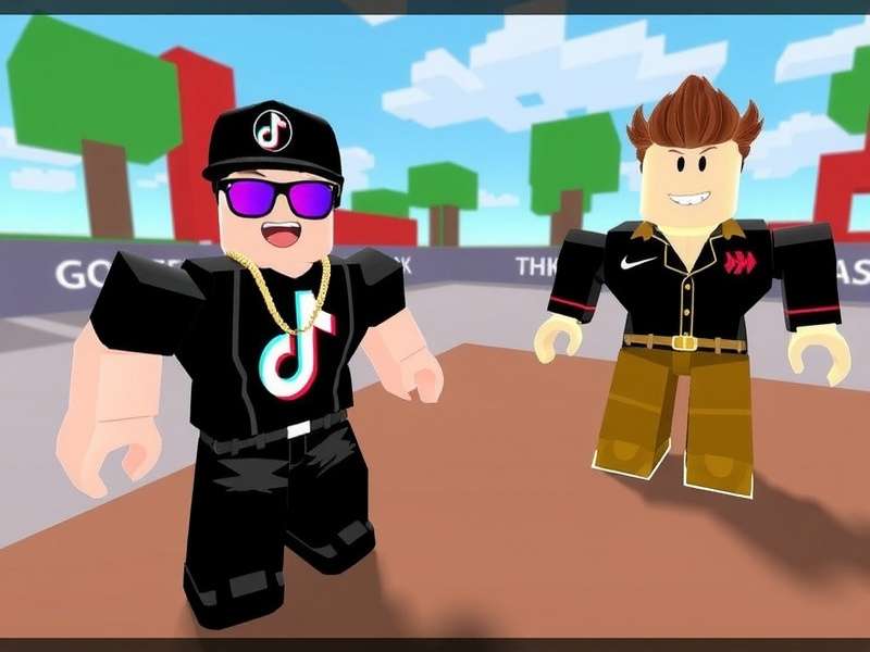 Roblox character listening to music with headphones in a virtual city