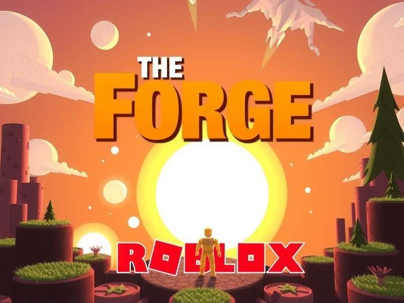 Screenshot of The Forge Roblox game showing the central volcanic arena and players battling
